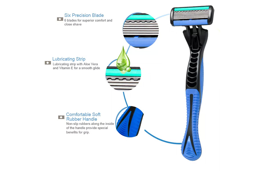 潤滑ストリップ付き6枚刃カミソリ