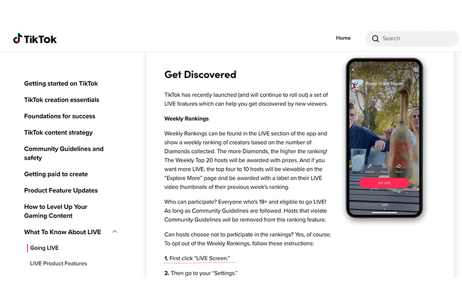 O recurso TikTok LIVE foi explicado no site