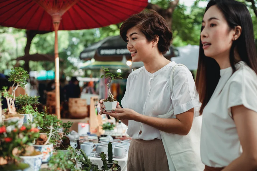 Zwei schöne asiatische Frauen kaufen vor Ort ein