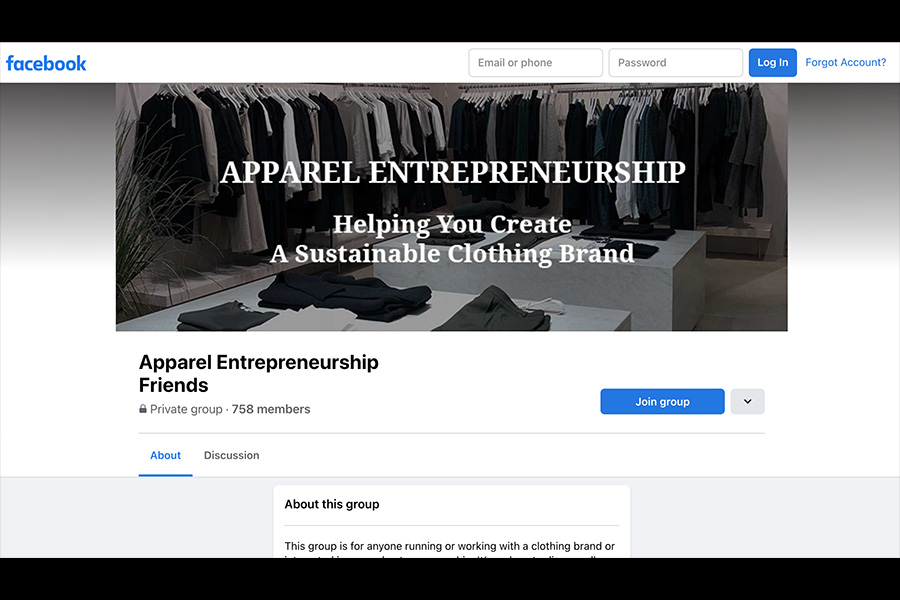 Página de inicio de Facebook de Apparel Entrepreneurship para minoristas de ropa