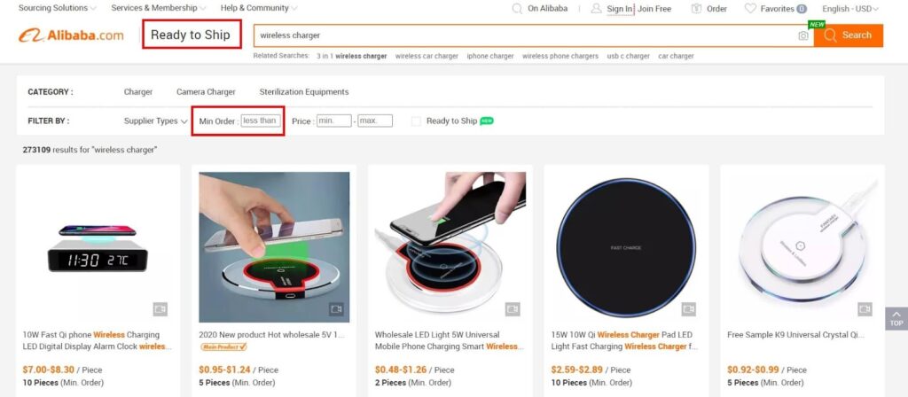 Käufer können den „Ready to Ship“-Kanal nutzen, um Lieferanten mit niedrigen Mindestbestellmengen zu finden.