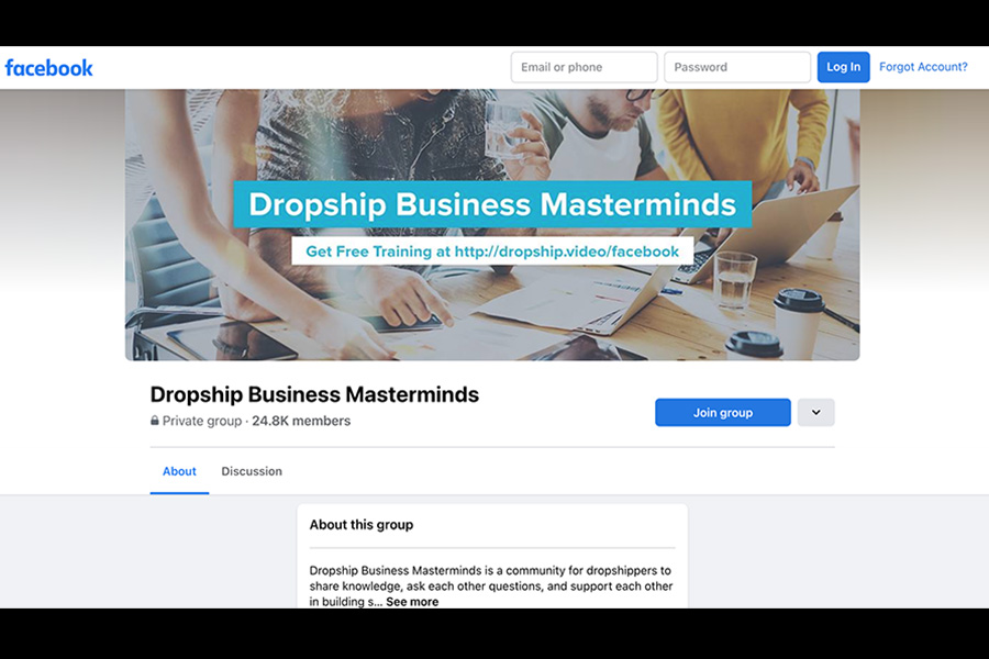 Homepage del gruppo Dropshipping di Facebook