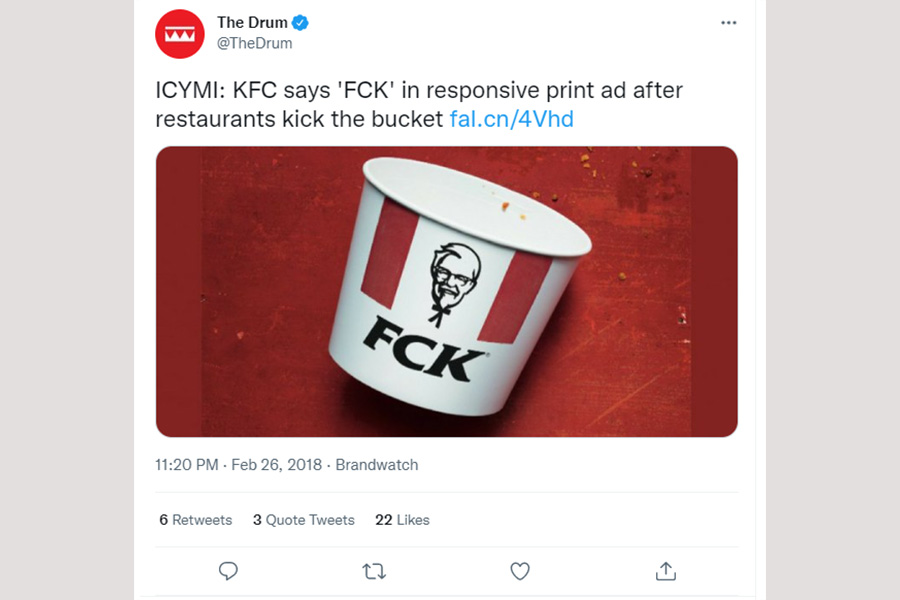 kfc dit 'fck' dans une annonce imprimée réactive après la fermeture des restaurants