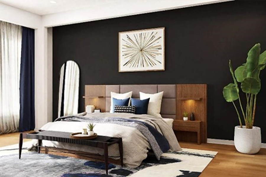 Wood and upholstered headboard with integrated tables and lamps