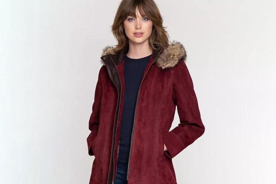 A woman in a deep red jacket