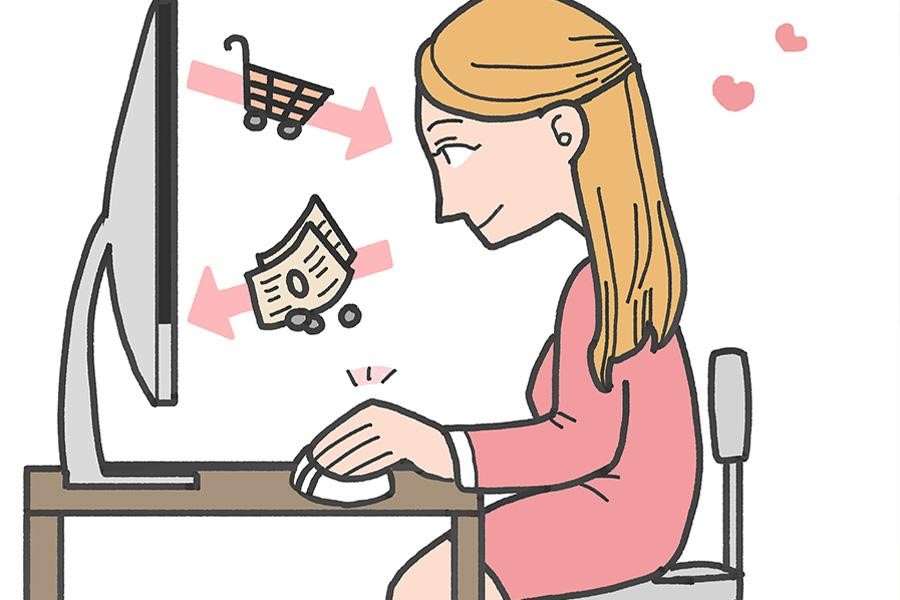 Illustrazione di acquirenti online che acquistano merci tramite canali online