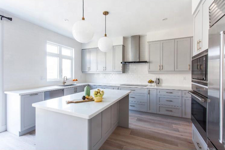 Painted wooden kitchen cupboards