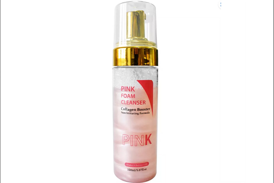 A bottle of pink foam cleanser