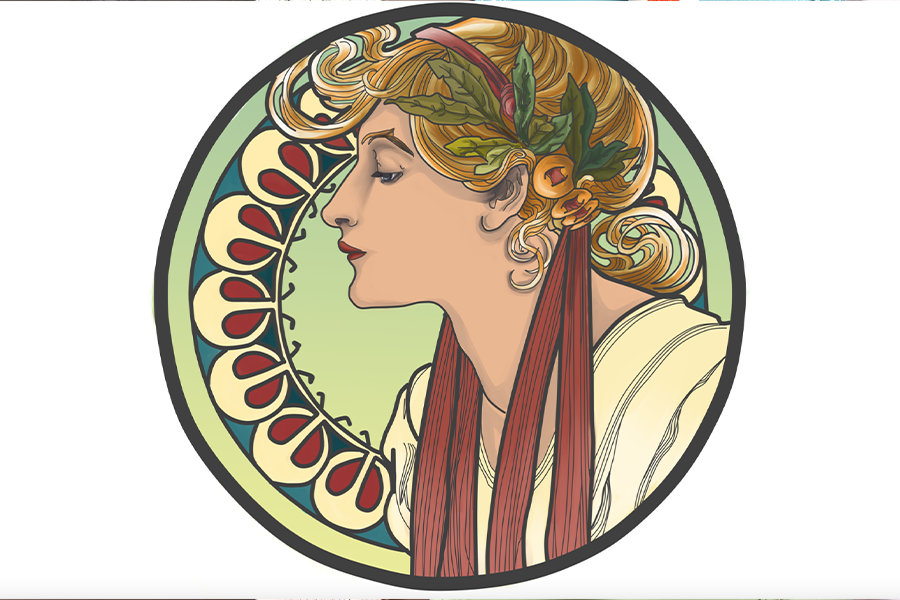 Arte no estilo art nouveau com verde e vermelho