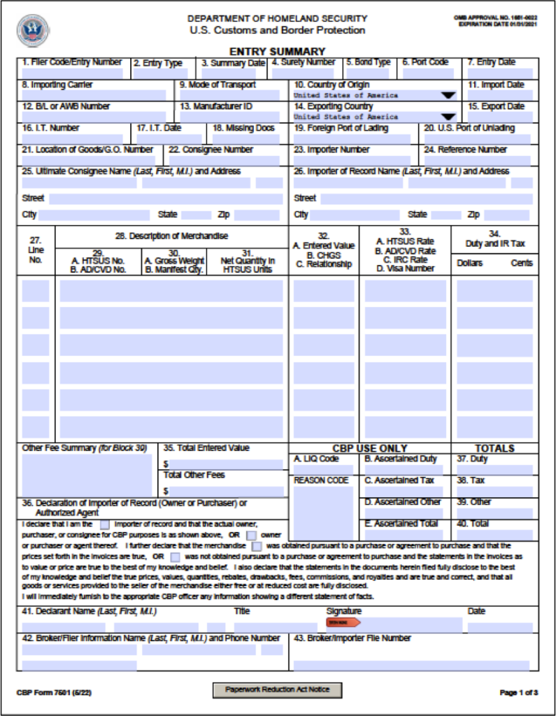 exemple de formulaire US CBP 7501