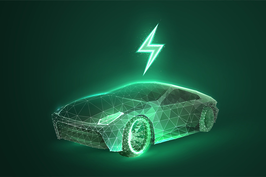 Auto elettrica in stile futuristico digitale. Eco energia verde per veicoli con effetto luce