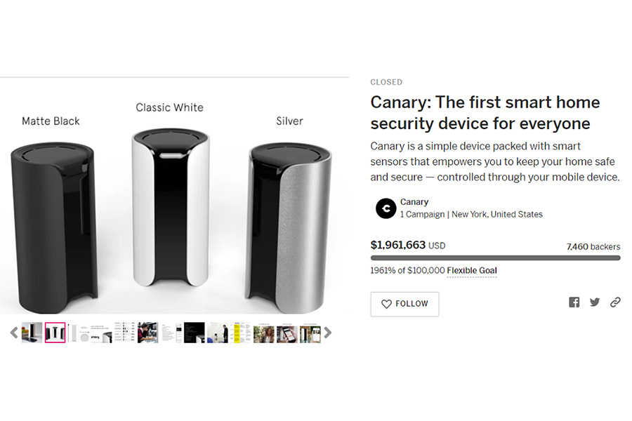 Un'immagine della pagina Smart Home Security di Canary su Indiegogo