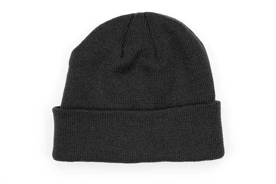 A warm winter beanie hat on a white background