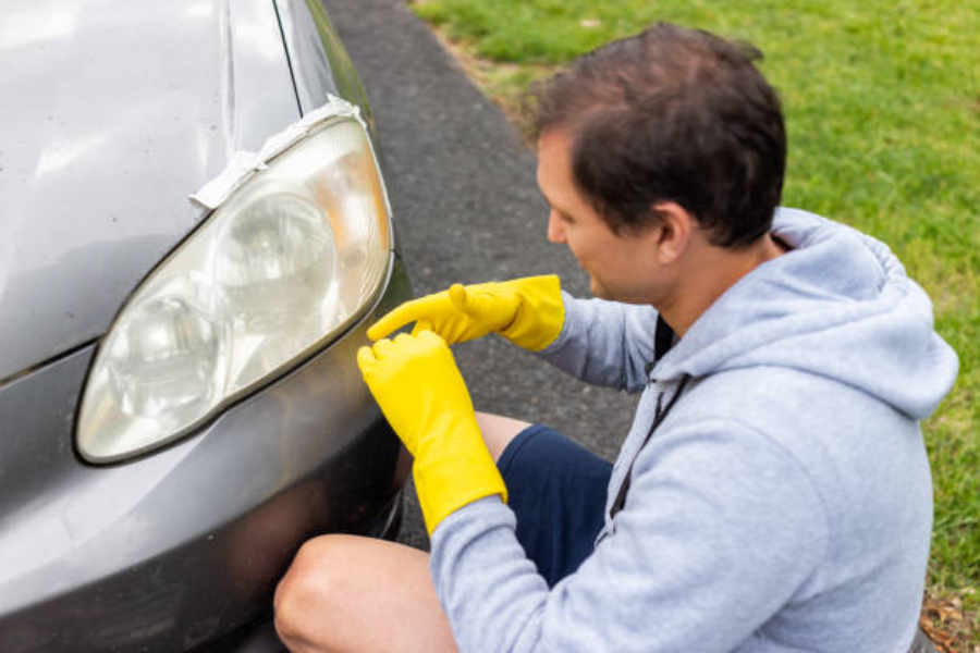 Um homem calça luvas para limpar faróis sujos